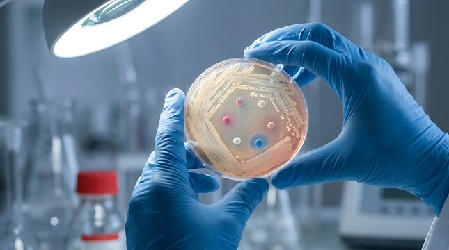 Professional microbiologist examining petri dish with various antimicrobial sensitivity test discs under bright laboratory lighting to determine bacterial resistance patterns today.