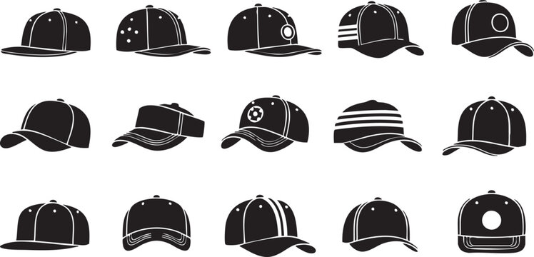 Black and white flat lay of various baseball caps and hats styles flat hats beanie beret