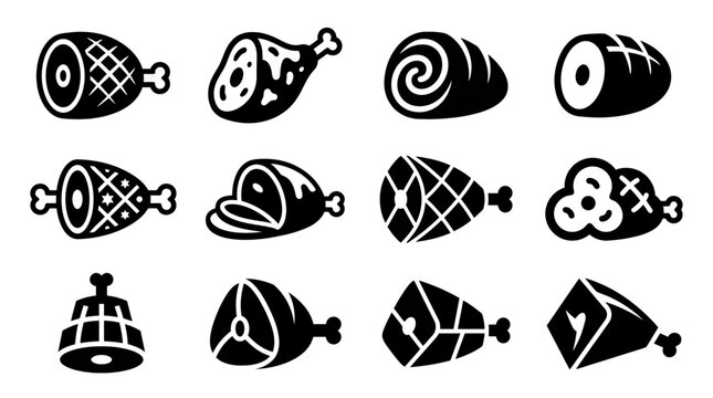 Meat Icons Set: Ham, Bacon, Sausage, Pork Chops, Chicken Legs - Food Vector Graphics