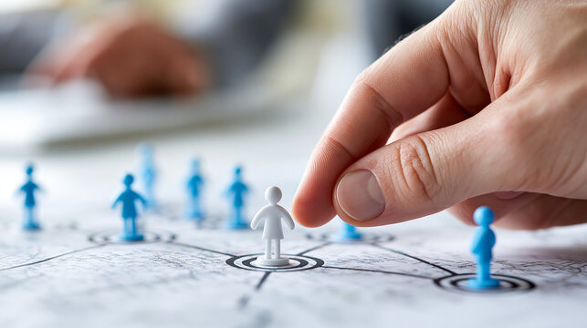 Faceless hand placing miniature figure on map to illustrate stakeholder mapping and audience engagement strategy, corporate planning concept, business photography, with copy space