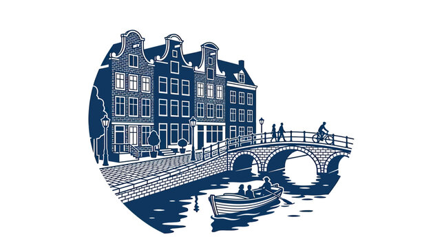 Amsterdam Canal Scene with Traditional Houses, Bridge, and Boat