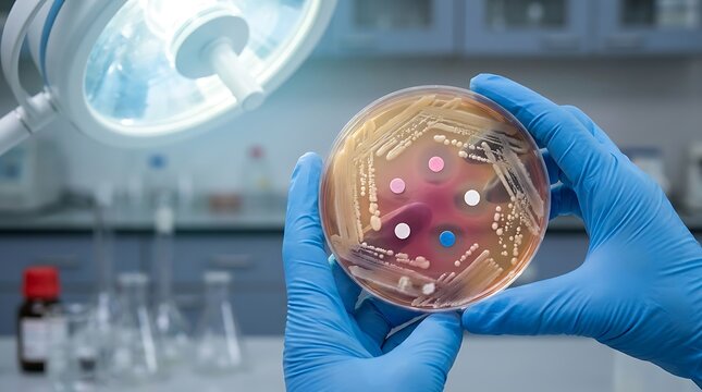 Expert microbiologist observing bacterial culture in petri dish with antibiotic susceptibility discs to assess drug resistance in sterile medical laboratory testing environment.