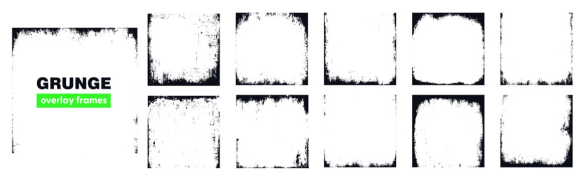 Set of square grunge overlay frame and background with grime and rugged effect. Border vintage texture collection.