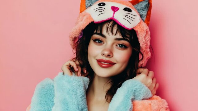 Young woman posing in trendy cat-themed outfit.