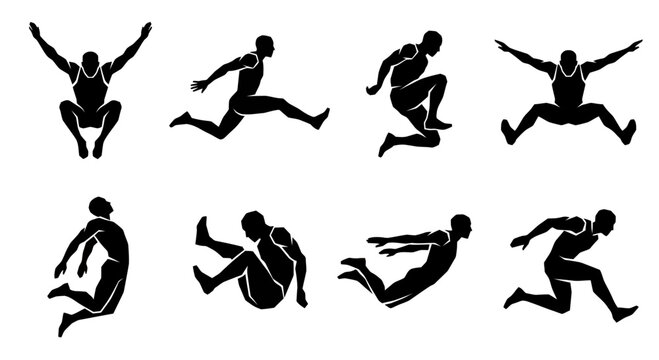 Long Jump Silhouette Sequence: Athlete in Motion on White Background