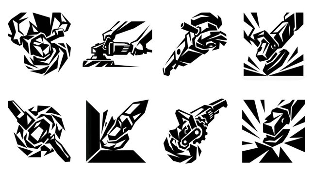 Set of Grinding and Cutting Tools Icons: Angle Grinder, Sander, Saw