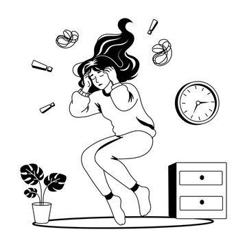 Illustration of a person overwhelmed by a panic attack with stress symbols around.