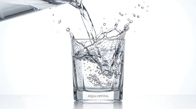 Pouring Fresh Water into Clear Glass with Splash and Bubbles Close Up