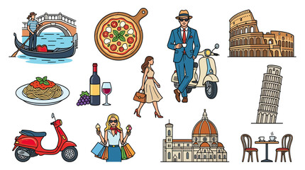 Italian Lifestyle Collage: Gondola, Pizza, Colosseum, Vespa, Fashion, Wine, Gelato © Mangga
