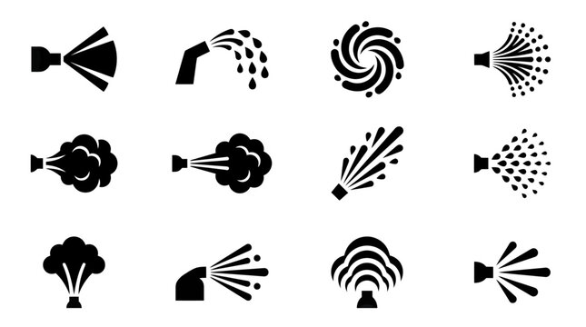 Spray nozzle icons and symbols - various liquid spray patterns