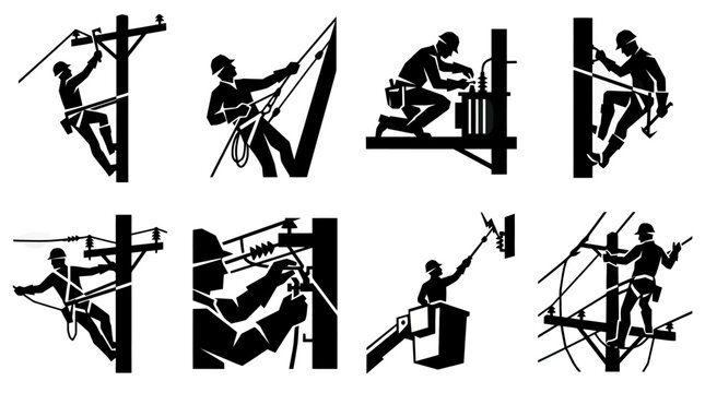 Lineman working on power lines, electrical worker silhouette set