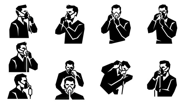 Man Wearing Oxygen Mask Icon Set: Various Poses and Applications