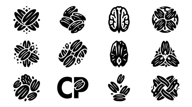 Abstract Icons: Coffee Beans, Brains, and Organic Shapes - Black and White Collection