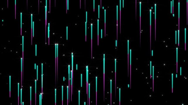 Blue Neon Digital Rain Animation with Abstract Vertical Light Streaks on Black Background, Futuristic Cyber Technology Motion Graphics, Glowing Particle Effects in 4K UHD, Cyber Energy Particle