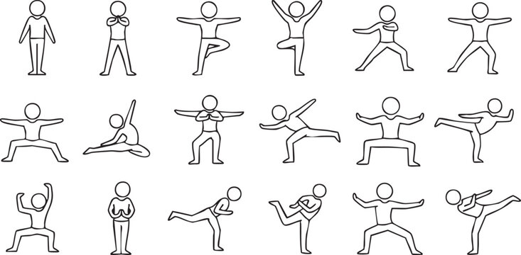 Black and white line of humans in various yoga and exercise poses line stick figures people