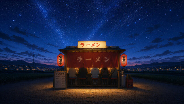 満天の星空の下で営業するラーメン屋台 夜の風景 アニメ風イラスト