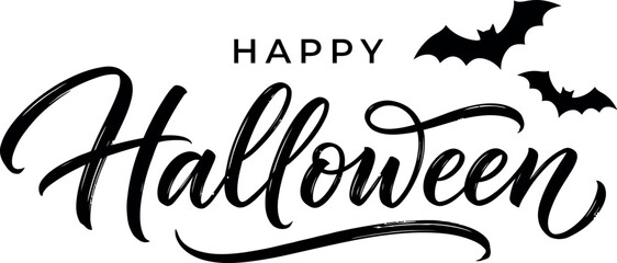 A stylish and elegant black and white Happy Halloween typography design featuring graceful brush script lettering and two flying bat silhouettes on white background © HasnaAkther