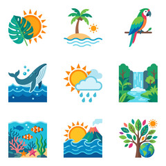 Fototapeta premium Tropical nature and summer vacation vector icon set featuring exotic animals, plants, beach, ocean, and weather elements