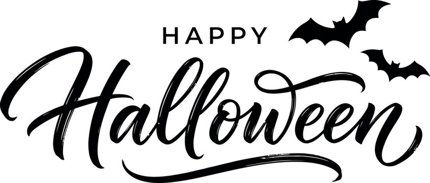 A stylish and elegant black and white Happy Halloween typography design featuring graceful brush script lettering and two flying bat silhouettes on white background
