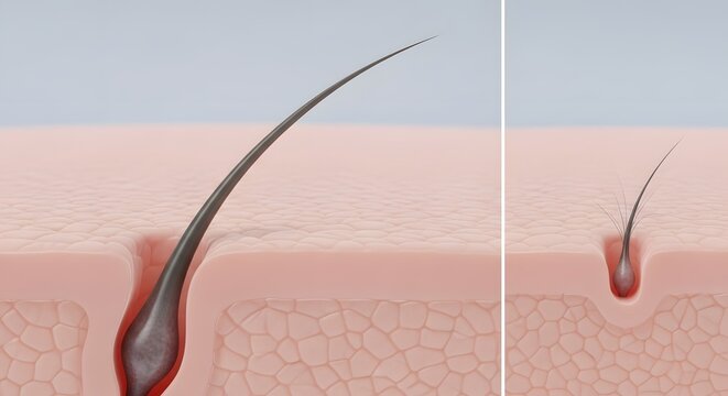 Hormonal Hair Loss Illustration Showing Hair Follicle Shrinkage and Miniaturization Associated with Androgenetic Alopecia