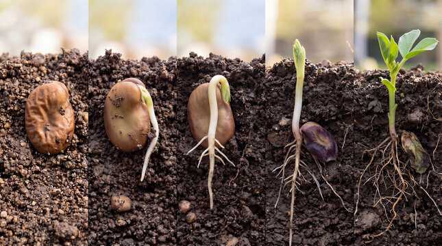 Stages of bean seed germination in the soil.