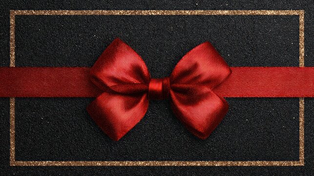 Gift card wishes Merry Christmas background with red ribbon bow on black shiny vibrant color texture template with blank copy space.