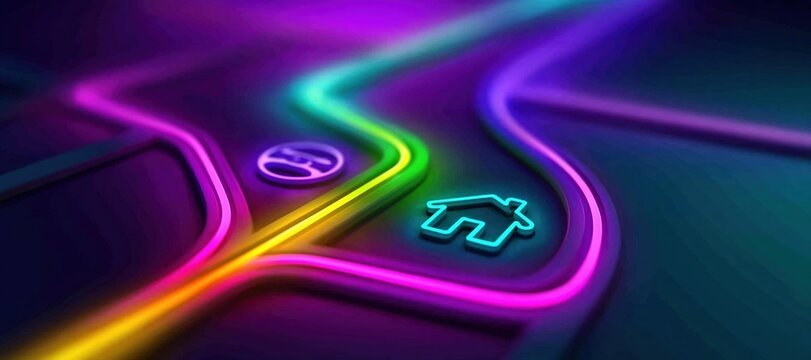 Glowing road map with diverted route from steering wheel icon to home symbol
