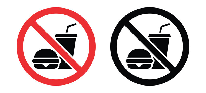 No food and drink icons displaying red and black prohibition signs, food and beverage restriction symbols, warning labels, and vector illustration for public safety, transportation, offices, and comme