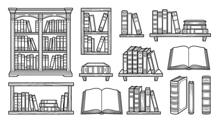 Hand-Drawn Bookshelves and Books Collection - Vintage Library Illustration © Nur