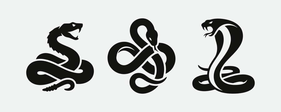 Set of black snake silhouette vector illustrations including rattlesnake cobra and coiled viper icons isolated on white background for logo design.