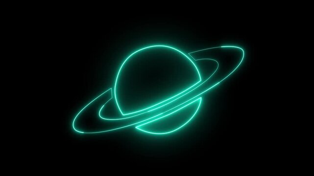 Glowing neon Saturn with its iconic rings, futuristic space planet symbol, vibrant luminous outline on a dark background.