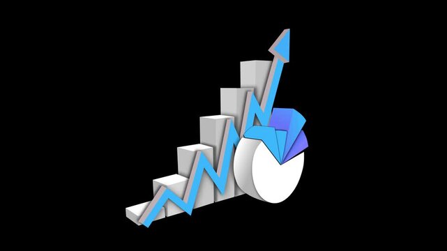 Pie chart and upward trending bar graph on dark background. Financial pie chart and upward trending bar graph for corporate growth. Professional pie chart and bar graph.