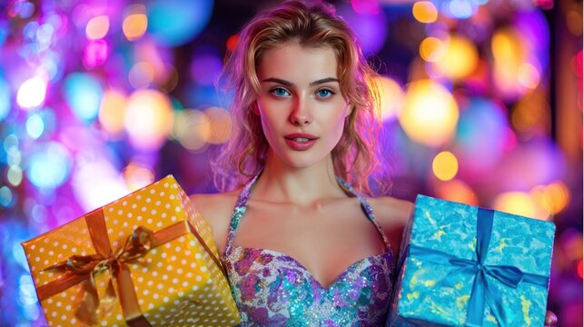 Glamorous woman holding gifts in a New Year party celebration.