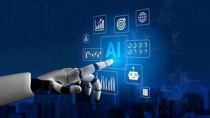 Obraz premium Futuristic Robot Hand Interacting with Digital AI Icons and Data Visualizations in a Technology-Inspired Setting. Glyphic.