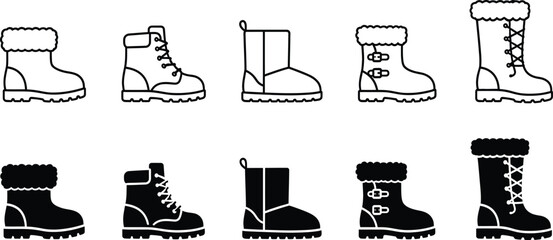 Winter Boot Icon Collection with Cozy Snow Footwear Designs for Cold Weather © ahmta