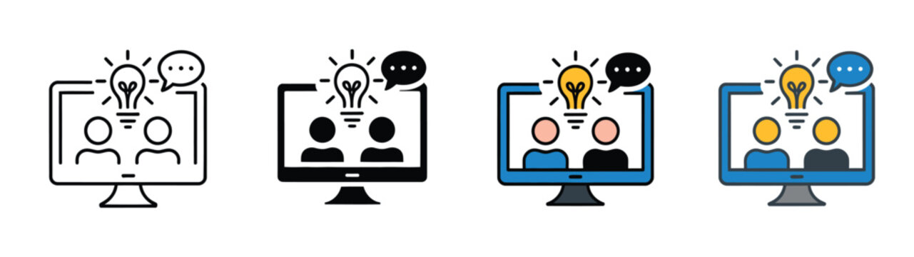 Online brainstorming icon set featuring virtual meeting, idea generation, communication, collaboration, and discussion symbols, clean vector illustration for remote teamwork, business, and productivit
