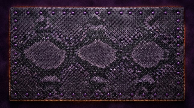 Close-up of dark purple snake skin texture with metallic rivets, exotic reptile pattern background macro close-up, dark premium detail, gothic background