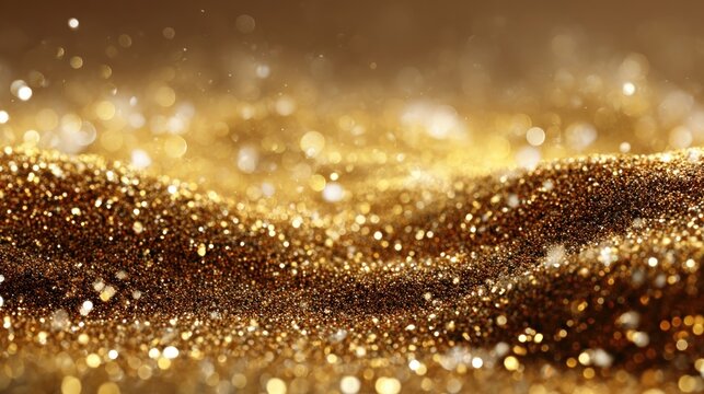 Golden Christmas particles and sprinkles for a holiday celebration like Christmas or New Year. Shiny golden lights. Wallpaper background for ads or gifts wrap and web design.