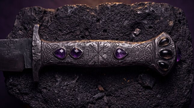 Ancient sword hilt with gemstone inlay on stone, historical artifact and relic macro close-up, dark premium detail, gothic background