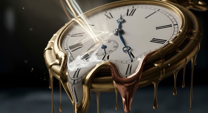 Melting clock in surreal scene.