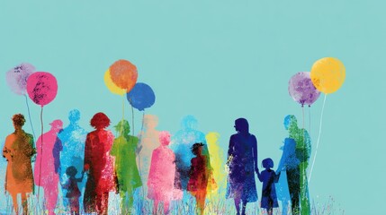 Fototapeta premium Group of people with balloons celebrating together outside on a bright day
