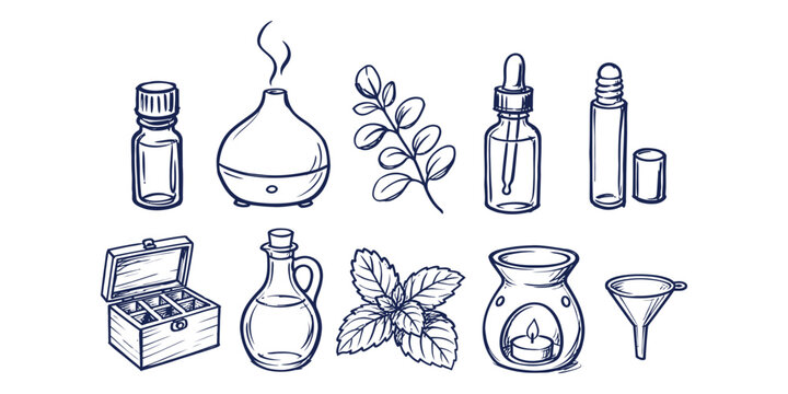essential oil and aromatherapy element herbal wellness doodle icon set vector illustration