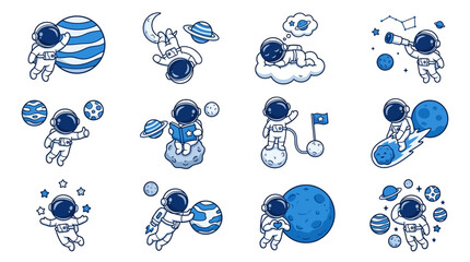 Cute blue astronaut character set in outer space. © Bagas