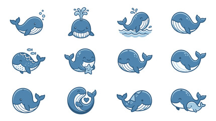 Cute blue whale character icon collection. © Bagas