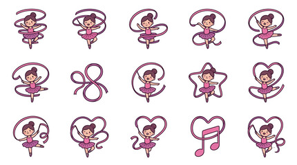 Fototapeta premium Cute cartoon ballerinas with purple ribbons set.