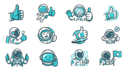 Cute cartoon astronaut characters giving thumbs up icons set. © Bagas