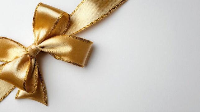 Gold ribbon and bow placed in the left corner on white background
