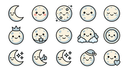 Cute crescent and full moon character icon collection. © Bagas