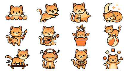 Fototapeta premium Creative kawaii orange cat characters engaged in hobbies.