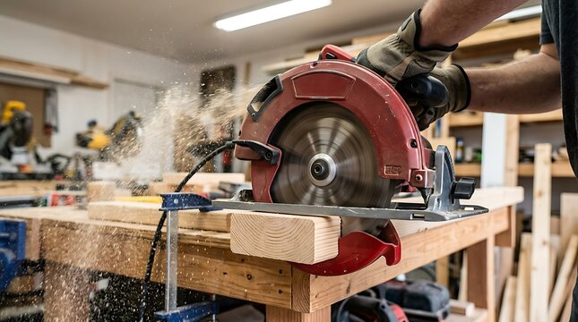 Carpenter using a red circular saw to cut a wooden board on a workbench in a workshop with sawdust flying around the work area during process